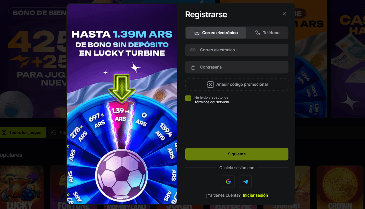 Pantalla de registro en Aguero Juegos — formulario de inscripción con bono 425%